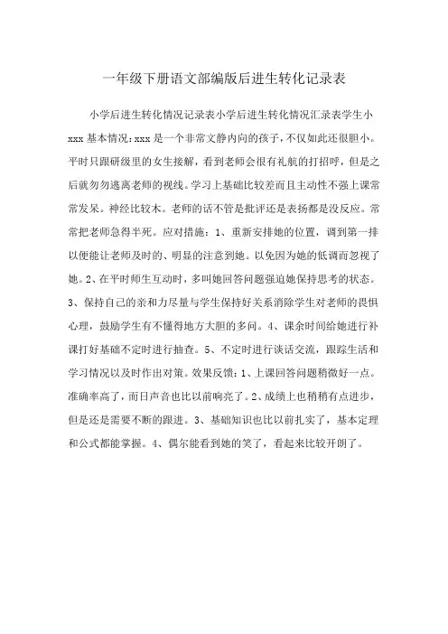 一年级下册语文部编版后进生转化记录表
