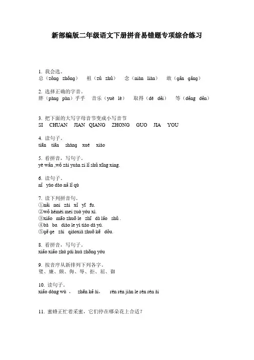 新部编版二年级语文下册拼音易错题专项综合练习