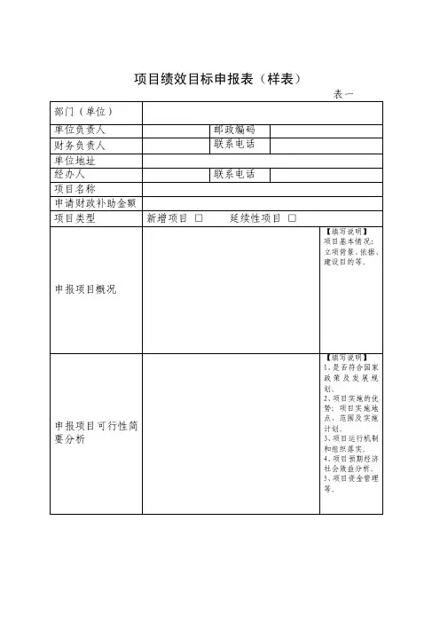 项目绩效目标申报表（样表）