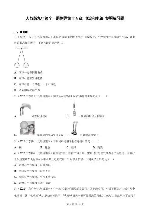 人教版九年级全一册物理第十五章 电流和电路 专项练习题(含答案解析)