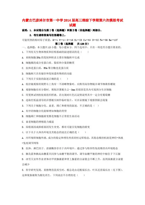 内蒙古巴彦淖尔市第一中学高三理综下学期第六次模拟考试试题