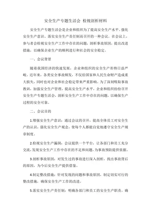 安全生产专题生活会 检视剖析材料