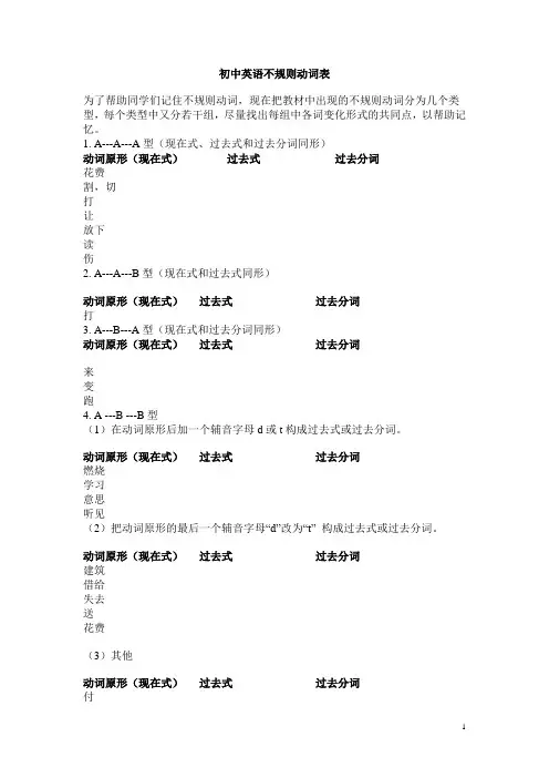 中考英语不规则动词表(默写版)