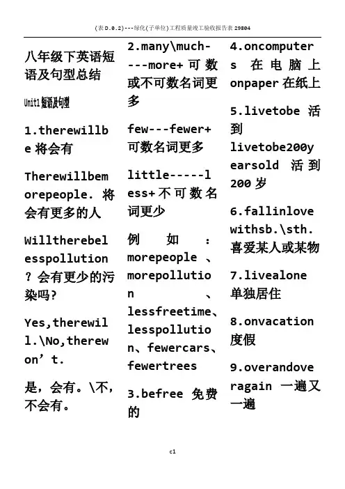 初二下册人教版英语重点词汇和句型总结