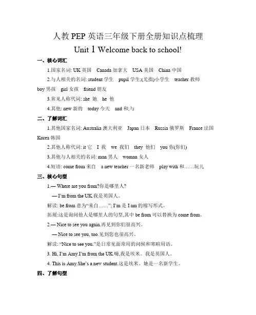 人教PEP英语三年级下册全册知识点梳理(Unit 1-Unit 6)