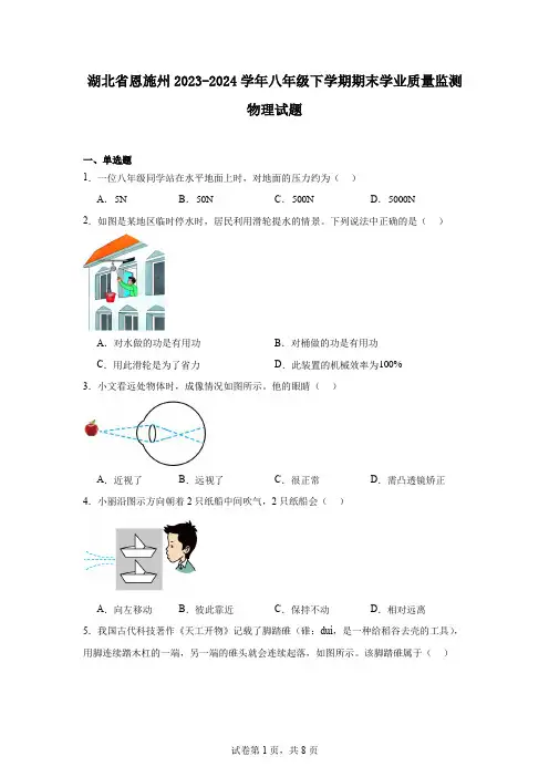 湖北省恩施州2023-2024学年八年级下学期期末学业质量监测物理试题