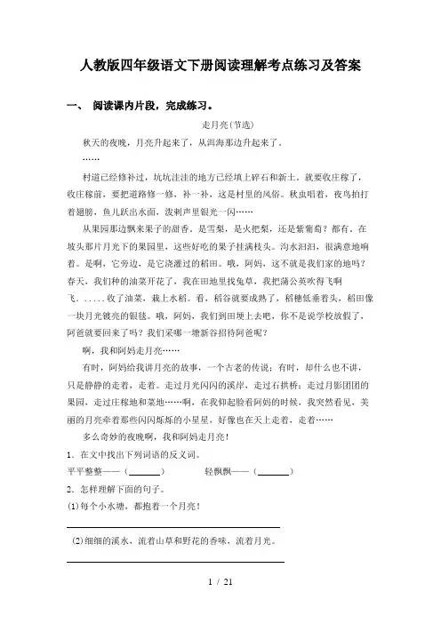 人教版四年级语文下册阅读理解考点练习及答案