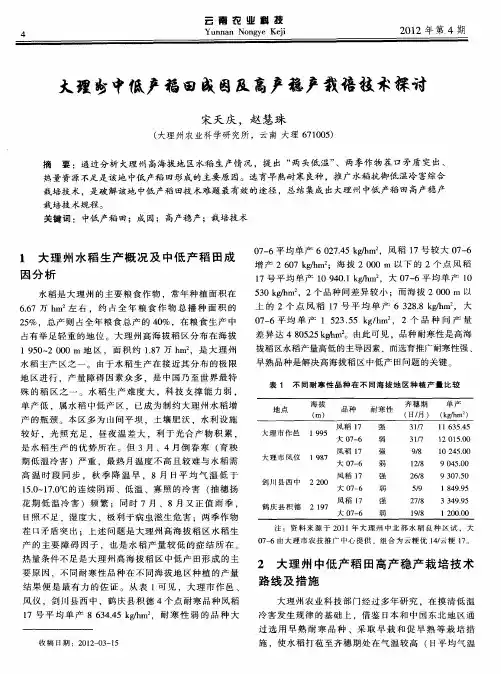 大理州中低产稻田成因及高产稳产栽培技术探讨