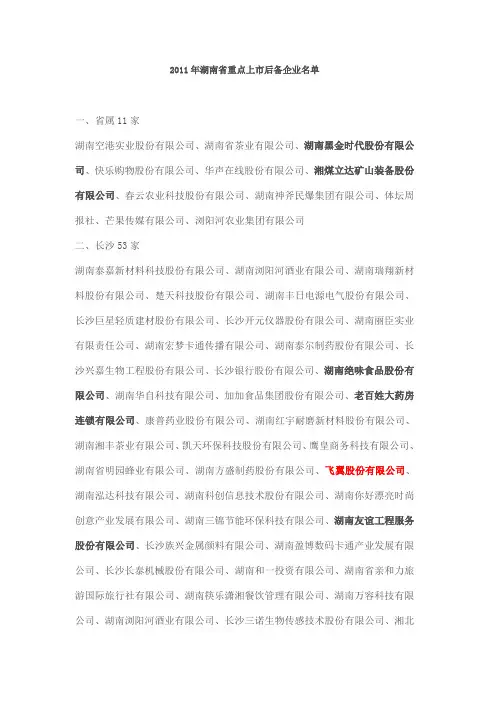 2013年湖南省重点上市后备企业名单