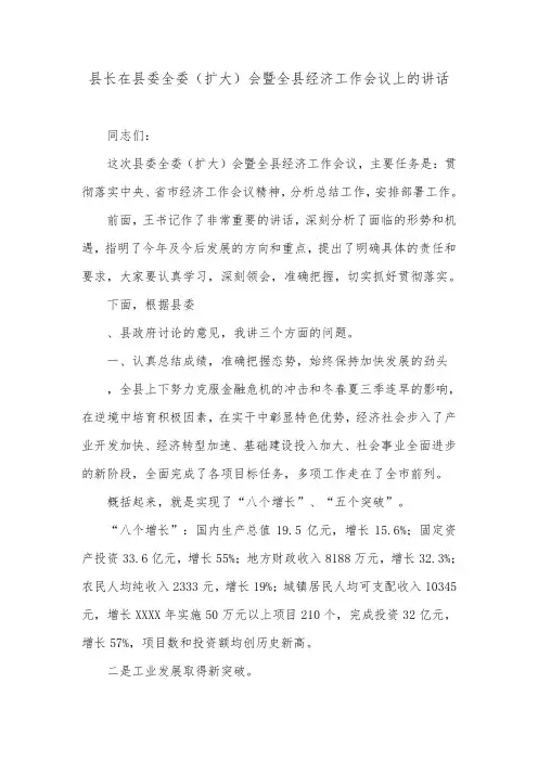 县长在县委全委(扩大)会暨全县经济工作会议上的讲话.doc