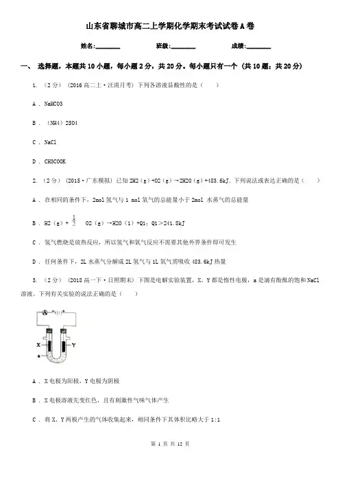 山东省聊城市高二上学期化学期末考试试卷A卷