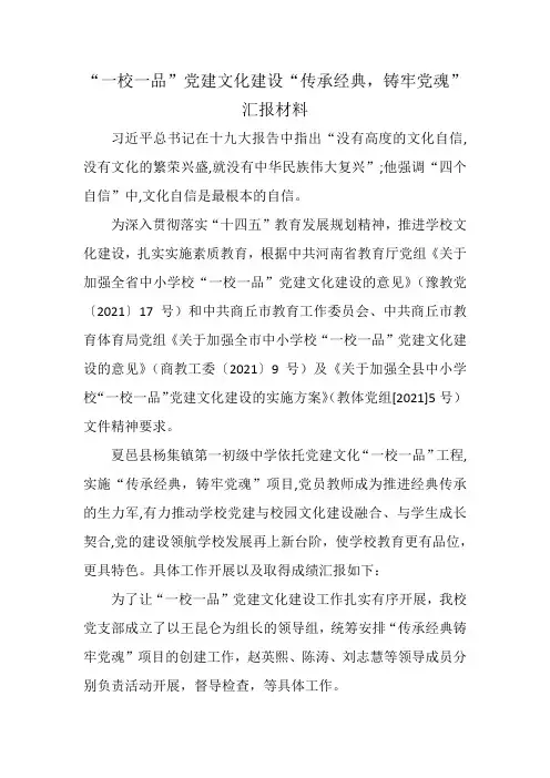 一校一品党建文化建设汇报材料