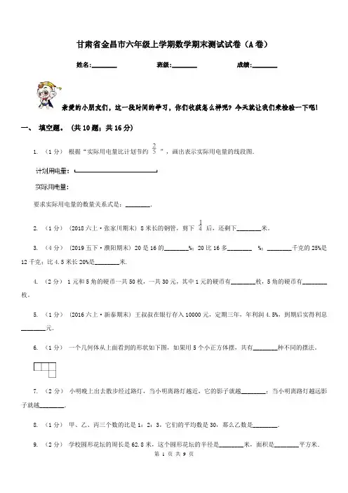 甘肃省金昌市六年级上学期数学期末测试试卷(A卷)
