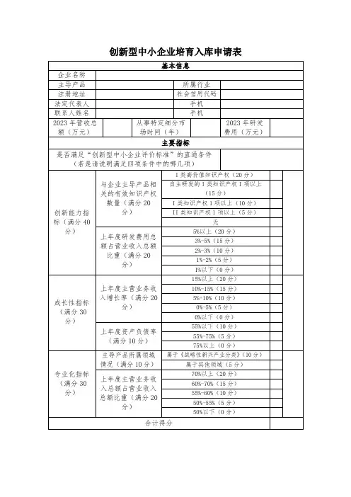 创新型中小企业培育入库申请表 (模板)