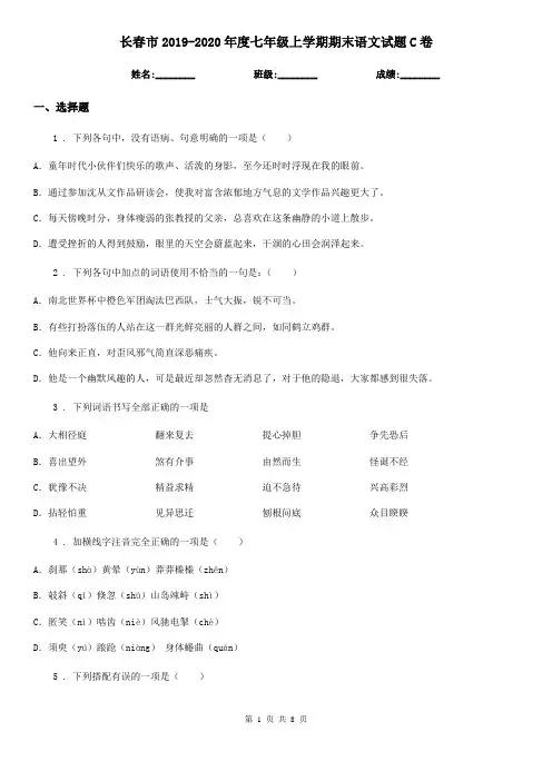 长春市2019-2020年度七年级上学期期末语文试题C卷