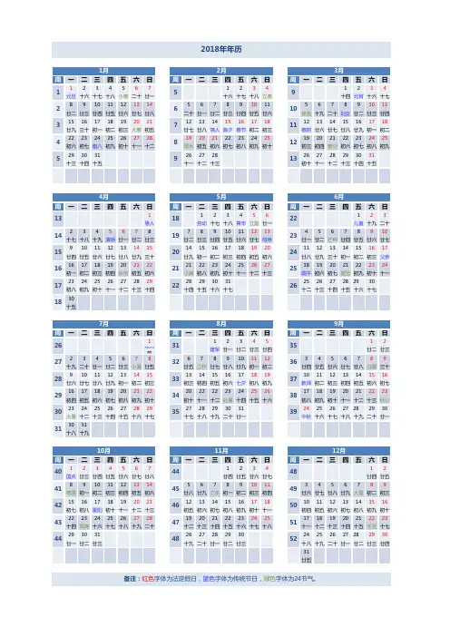 20171201-2018年历+月历(含农历、节气、假日、可记事)