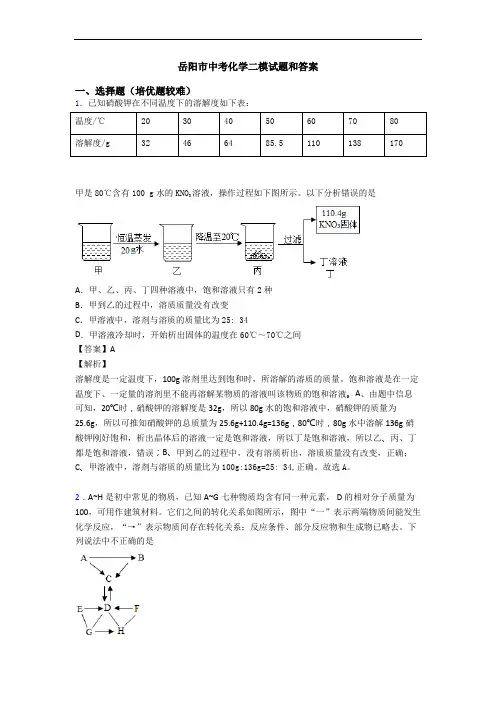 岳阳市中考化学二模试题和答案