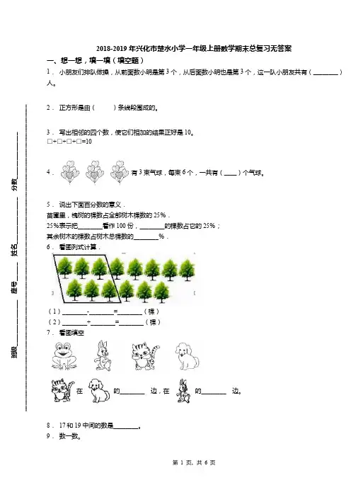 2018-2019年兴化市楚水小学一年级上册数学期末总复习无答案