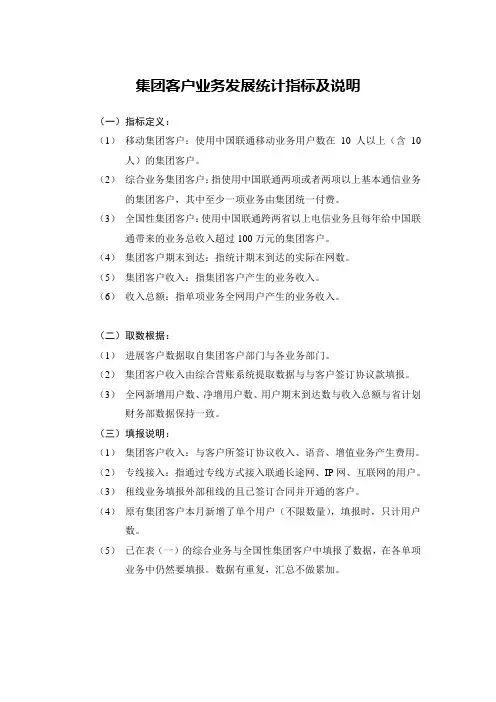 集团客户业务发展统计指标及说明