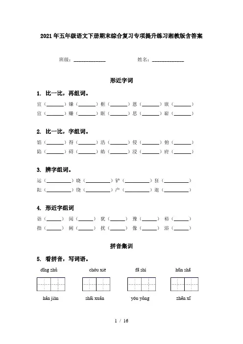 2021年五年级语文下册期末综合复习专项提升练习湘教版含答案