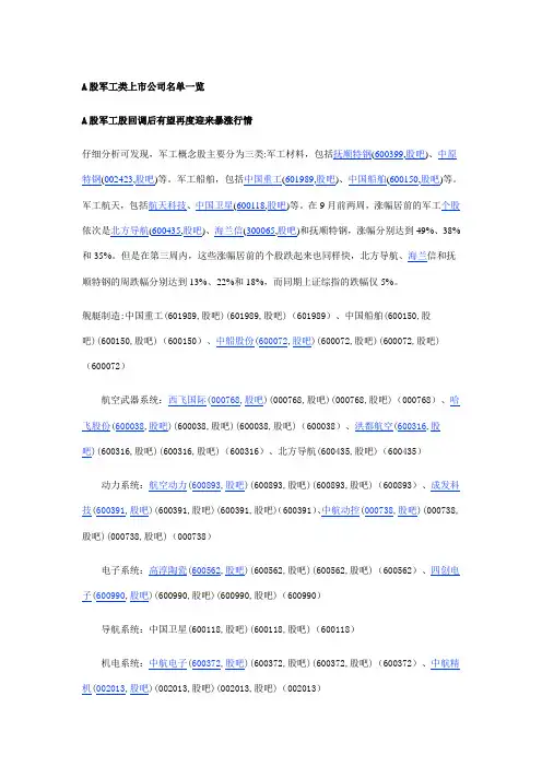 A股军工类上市公司名单一览
