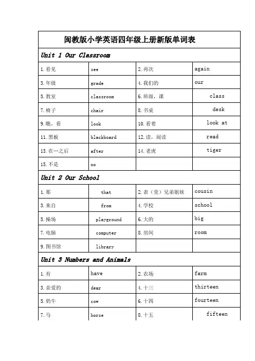 闽教版小学英语四年级上册新版单词表