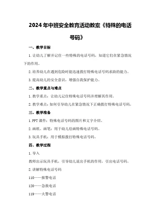 2024年中班安全教育活动教案《特殊的电话号码》