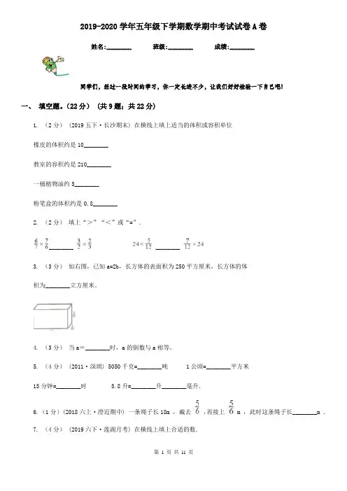 2019-2020学年五年级下学期数学期中考试试卷A卷