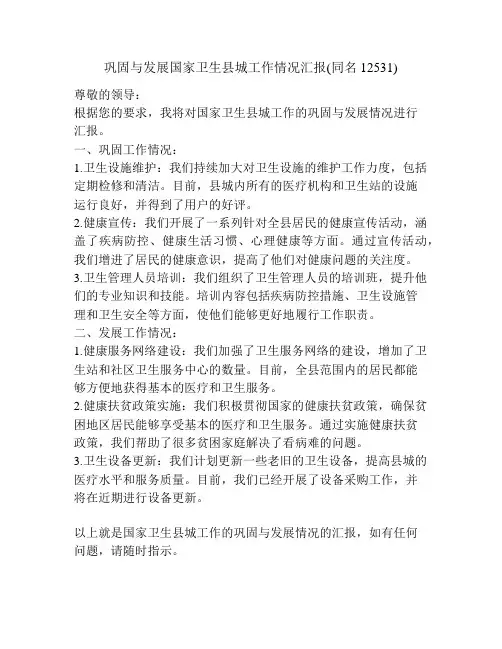 巩固与发展国家卫生县城工作情况汇报(同名12531)