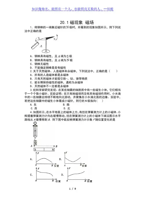 2019-2020学年人教版九年级物理课课练(含答案)——20.1磁现象 磁场