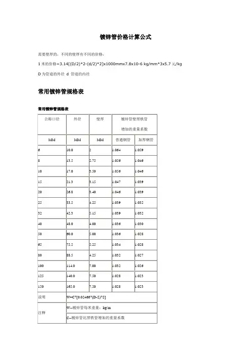 镀锌管价格计算公式
