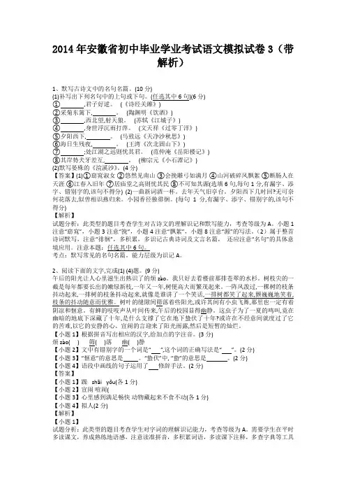 安徽省2014届初中毕业学业考试语文模拟试卷3(纯word解析版)