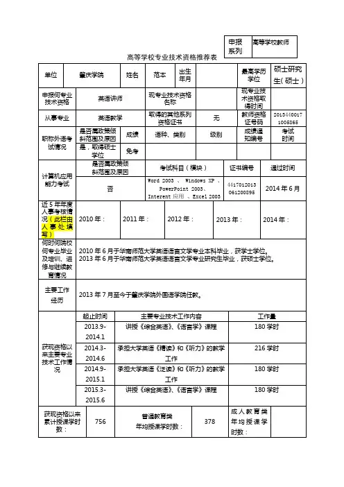 专业技术资格推荐表(范本)