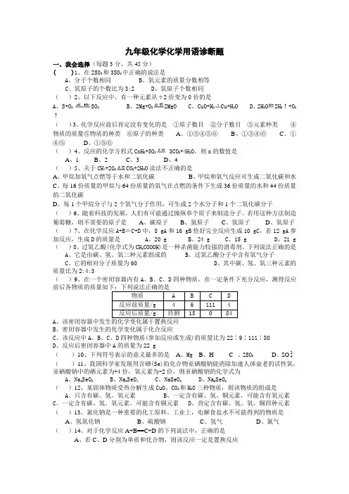九年级化学化学用语诊断题 Microsoft Word 文档