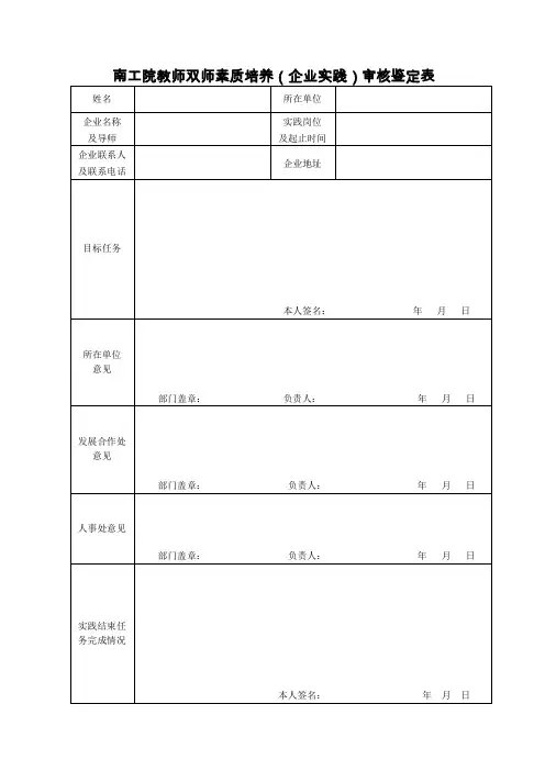 南工院教师双师素质培养企业实践审核鉴定表