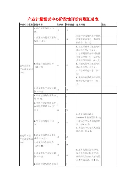 产业计量测试中心阶段性评价问题汇总表