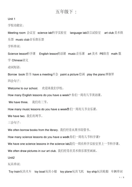(完整)人教精通版英语五年级下册课后句型+单词归类