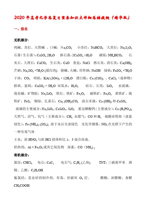 2020年高考化学总复习重要知识点详细总结提纲(精华版)