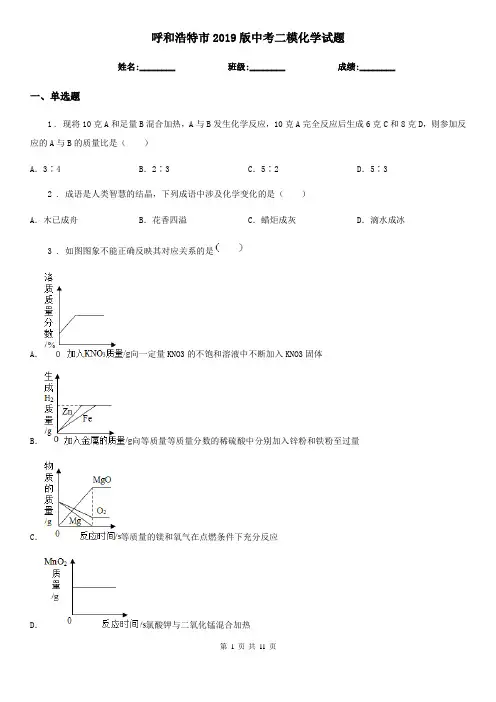 呼和浩特市2019版中考二模化学试题