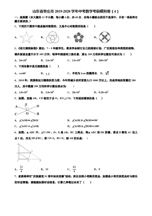山东省枣庄市2019-2020学年中考数学考前模拟卷(4)含解析