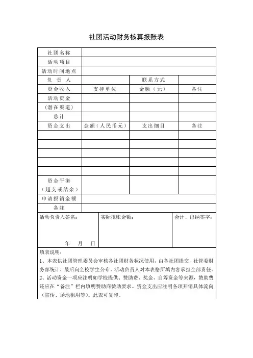 社团活动财务核算报账表