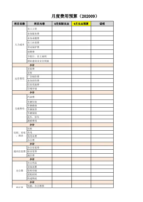 月度项目费用预算表