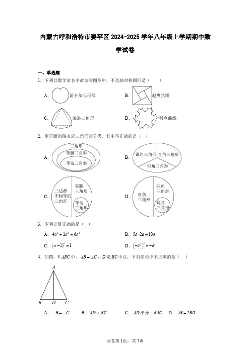内蒙古呼和浩特市赛罕区2024-2025学年八年级上学期期中数学试卷