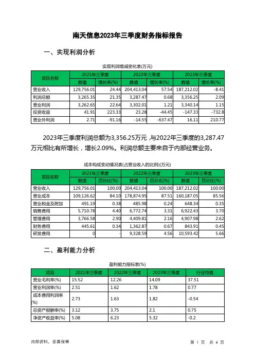 000948南天信息2023年三季度财务指标报告