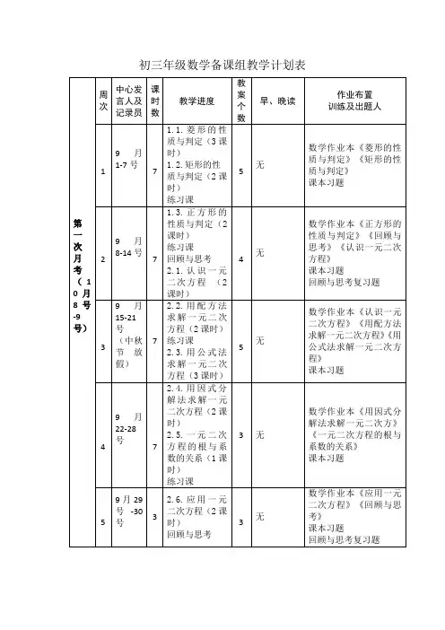 九年级上学期数学北师大版教学计划进度表