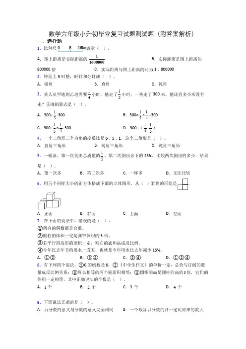 数学六年级小升初毕业复习试题测试题(附答案解析)