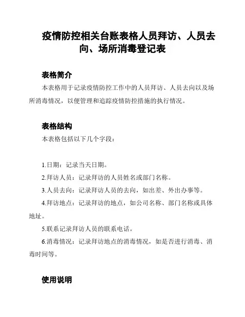疫情防控相关台账表格人员拜访、人员去向、场所消毒登记表