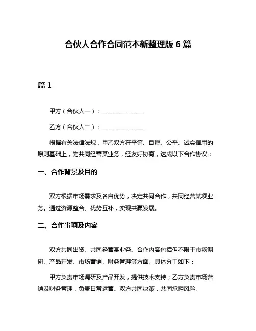 合伙人合作合同范本新整理版6篇