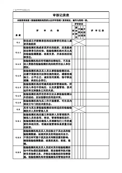 最新检验检测机构资质认定评审准则--内审检查表