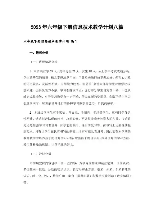 2023年六年级下册信息技术教学计划八篇_1